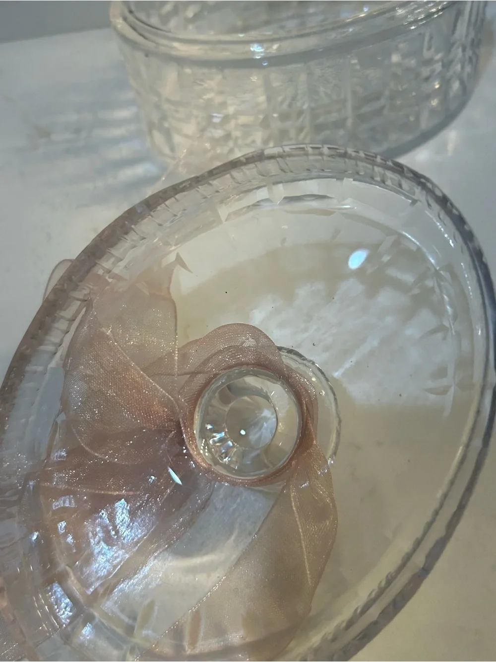 Crystal Glass Trinket Lidded Box intricate faceted panels with Pale Pink Ribbon